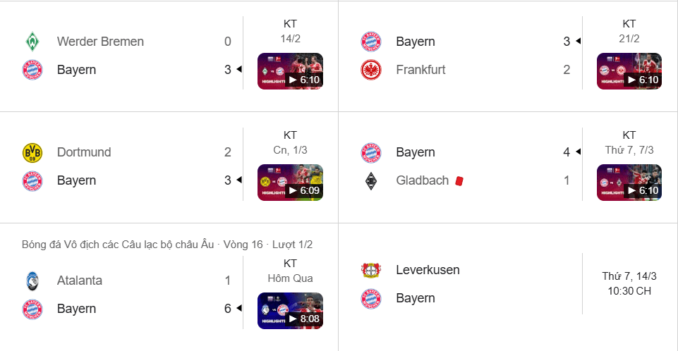 Phong độ 5 trận gần nhất của Bayer Munich tại vòng 26 Bundesliga